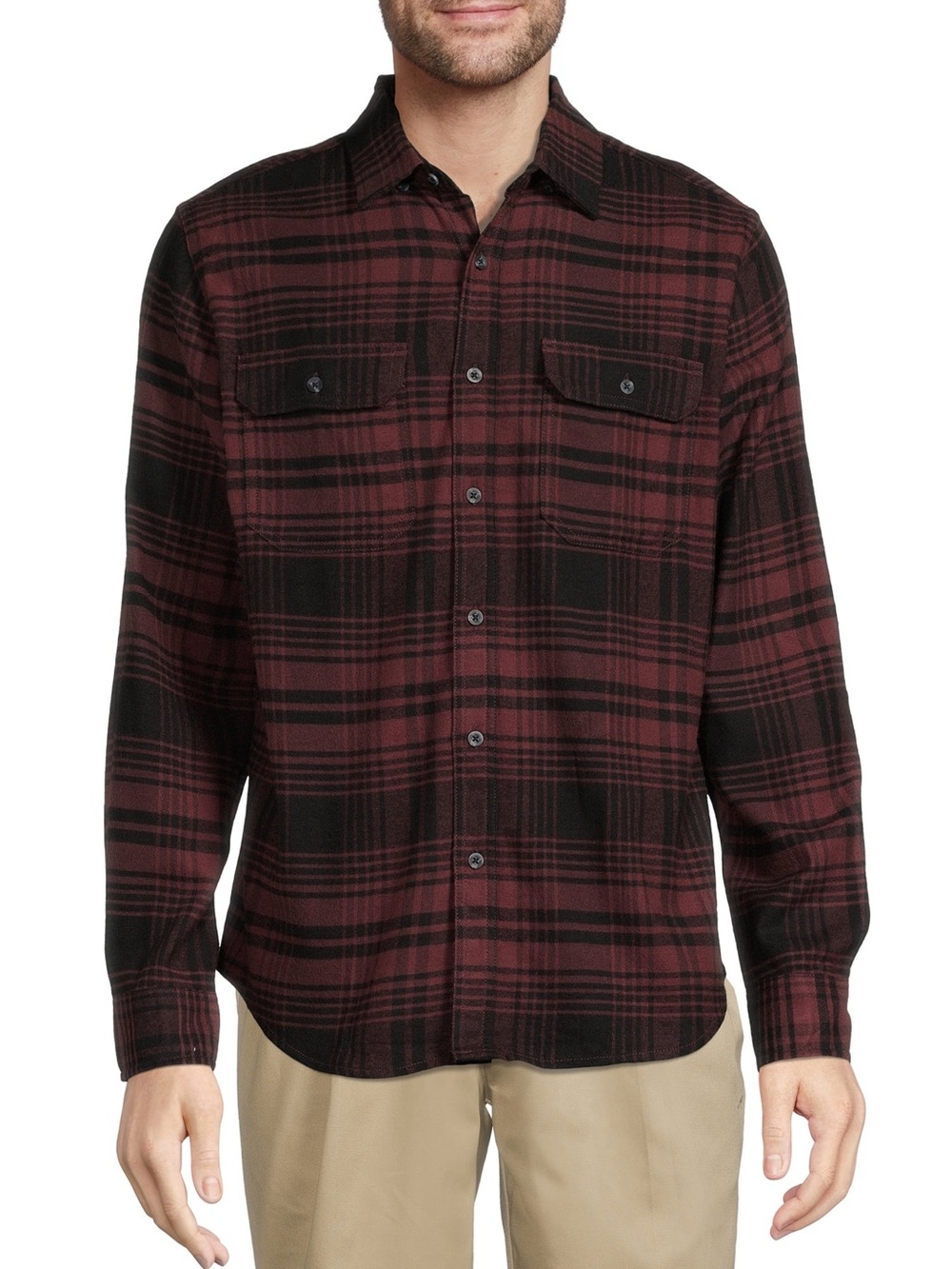 George Men's Burgundy and Black Plaid Button-Down Shirt
